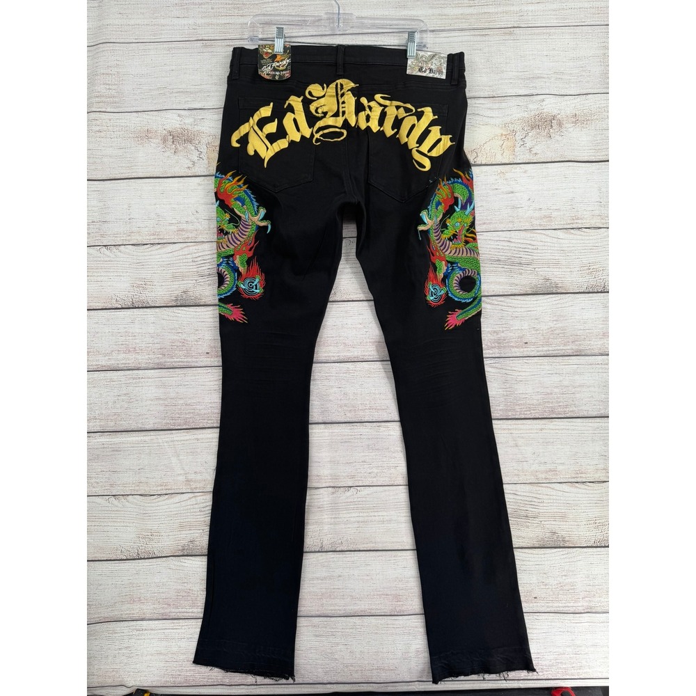 Ed Hardy Stacked Boot Jeans Mens 34 Black Dragon Embroidered MEHD8303-1